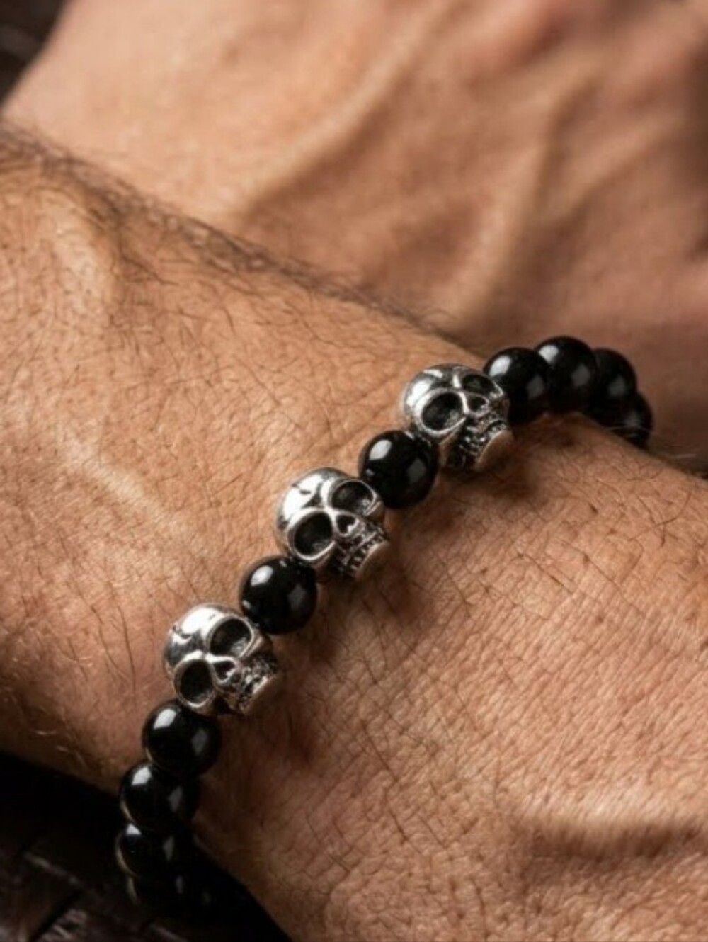 Gothic Unisex Onyx Beaded Bracelet Silver Skull Men's Signed HAN SS Biker